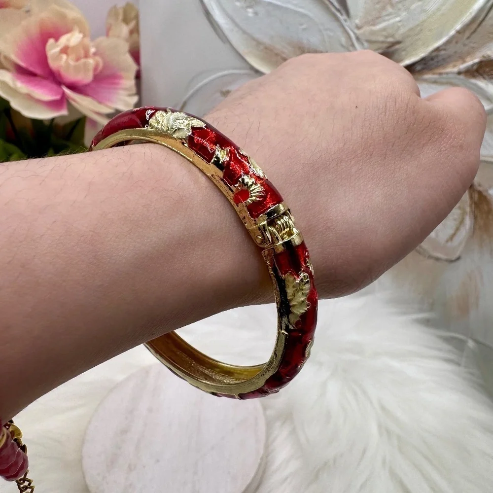 Red Flower Enamel Cloisonne Bracelet Bangle